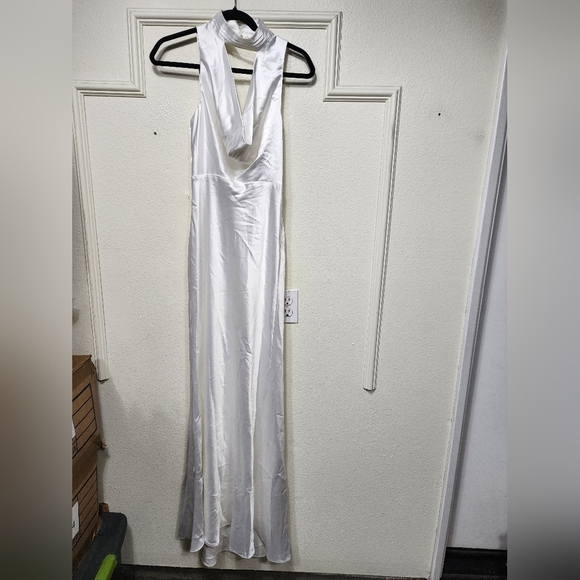 Lulus Gorgeous Vow White Satin Mock Neck Cowl Mermaid Maxi Dress S Wedding Party - Picture 6 of 11